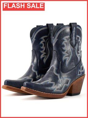 Western Cowboy Ankle Boots Distressed Synthetic Leather Snip Toe